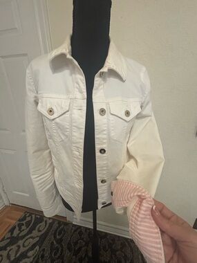 kate spade White Denim Jacket with Pink Striped Cuff
